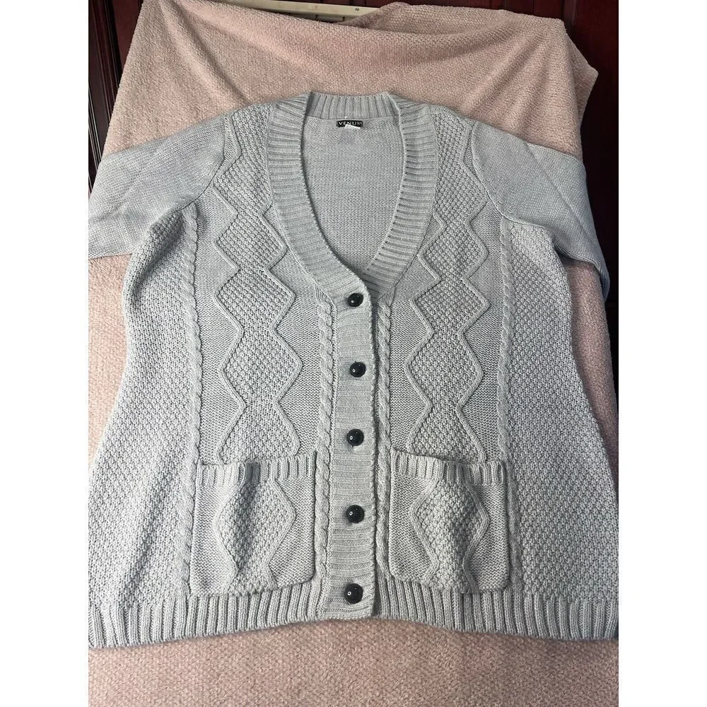 Venus Cardigan Sweater Women 2X  Long Line‎ Black Button V Neck Heather Gray